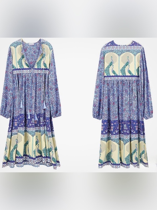 R. Violmos Dresses & Skirts - Boho Maxi Dress with Peacock Motif in Blue and Cream Sz M